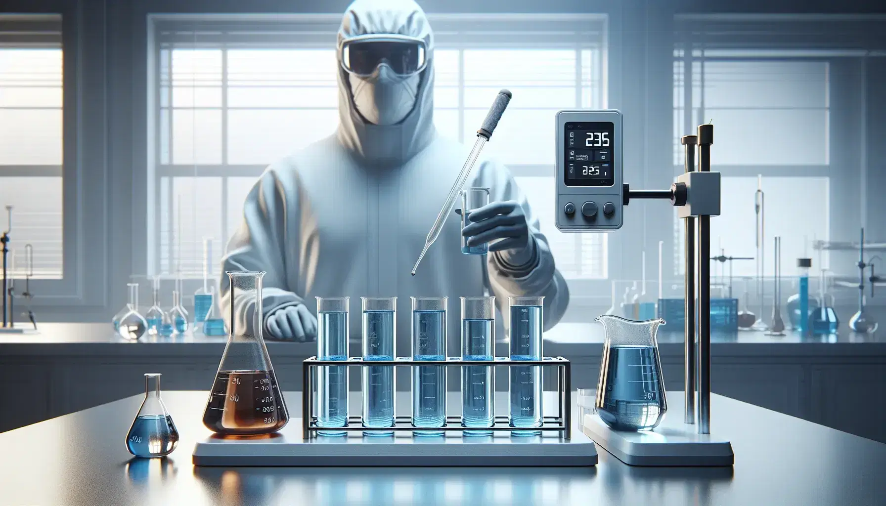 Laboratory with three glass beakers with blue liquid, digital thermometer, person in lab coat using dropper and rack with colored test tubes.