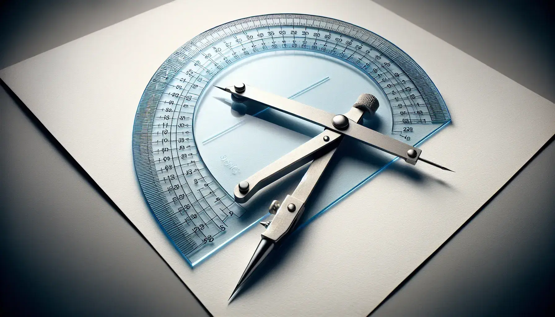 Close-up view of a transparent blue protractor and stainless steel compass on white paper, illustrating geometry tools in use with soft shadows.