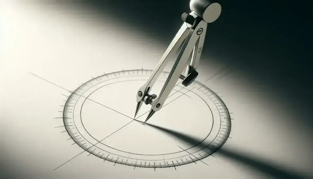 Close-up view of a metallic compass on white paper with a sharp point anchored at a circle's center and a pencil drawing a tangent line.