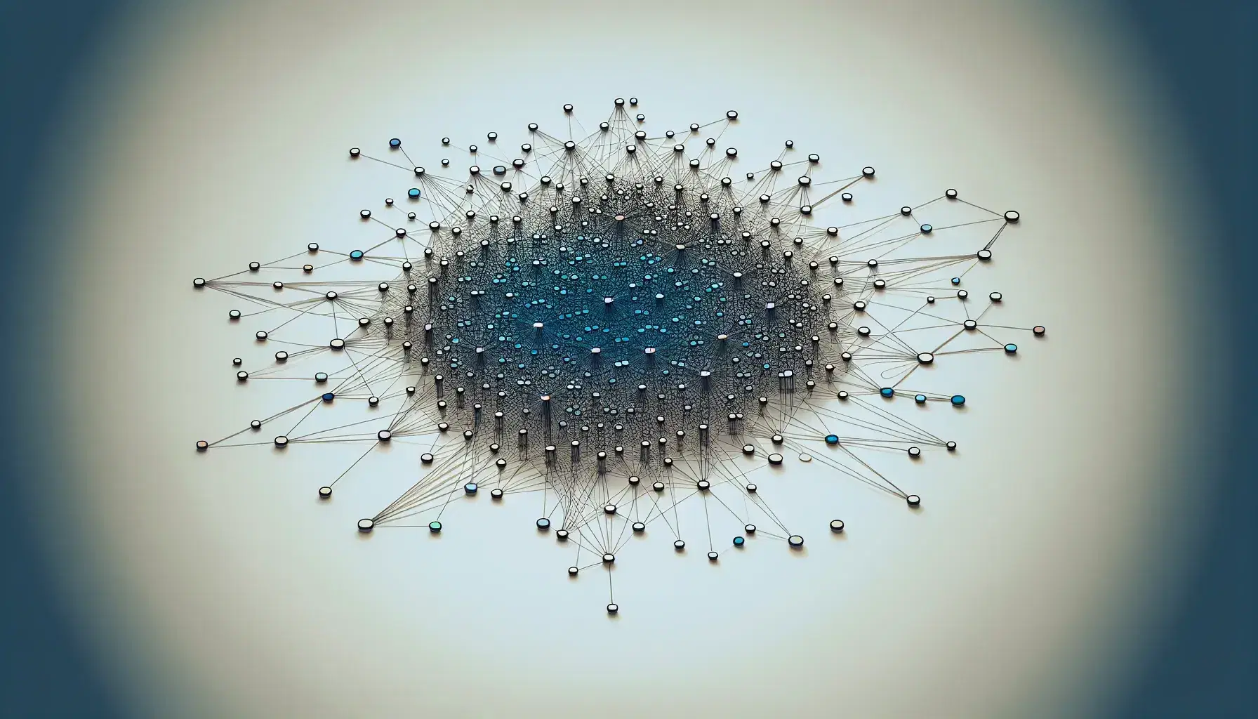 Network of interconnected nodes with shades of blue and black lines on a light background, abstract representation of a data network.