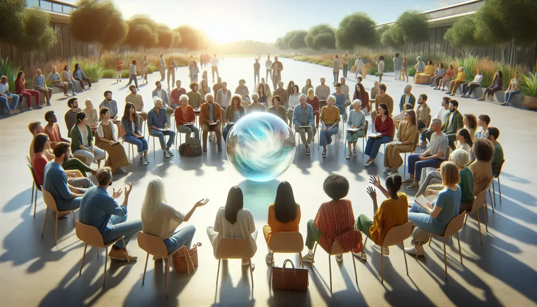 Grupo diverso de personas en círculo participando en actividad grupal al aire libre con esfera transparente flotante en el centro, en un día soleado sin nubes.