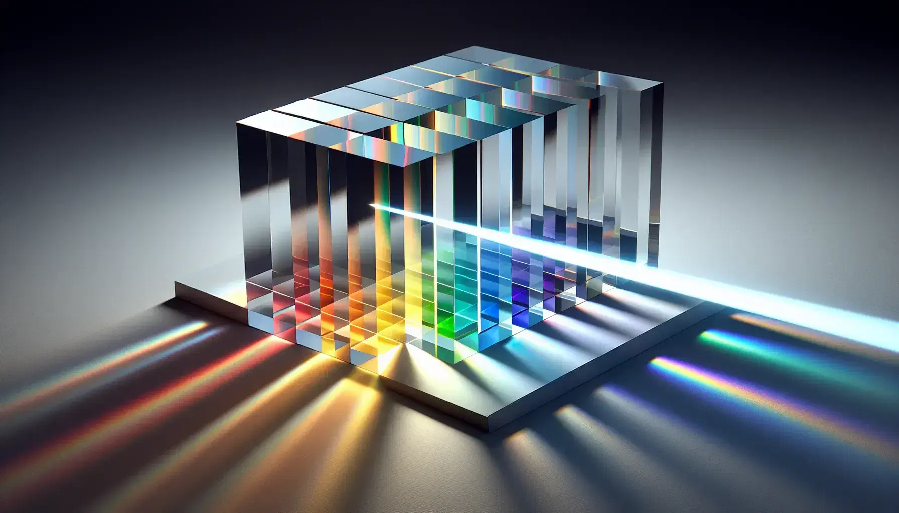 Series of prisms on a surface dispersing a beam of light into a colorful spectrum of red to violet on a neutral background.