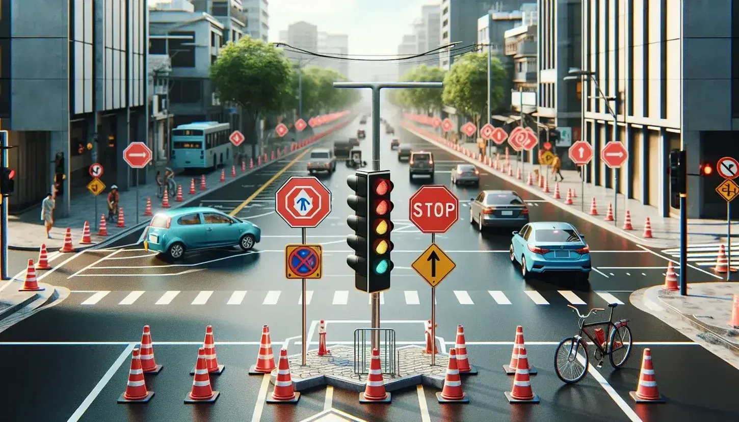 Intersección urbana con semáforo, señales de alto y ceda el paso, conos de tráfico, un coche azul, moto roja, autobús verde y persona con bicicleta.