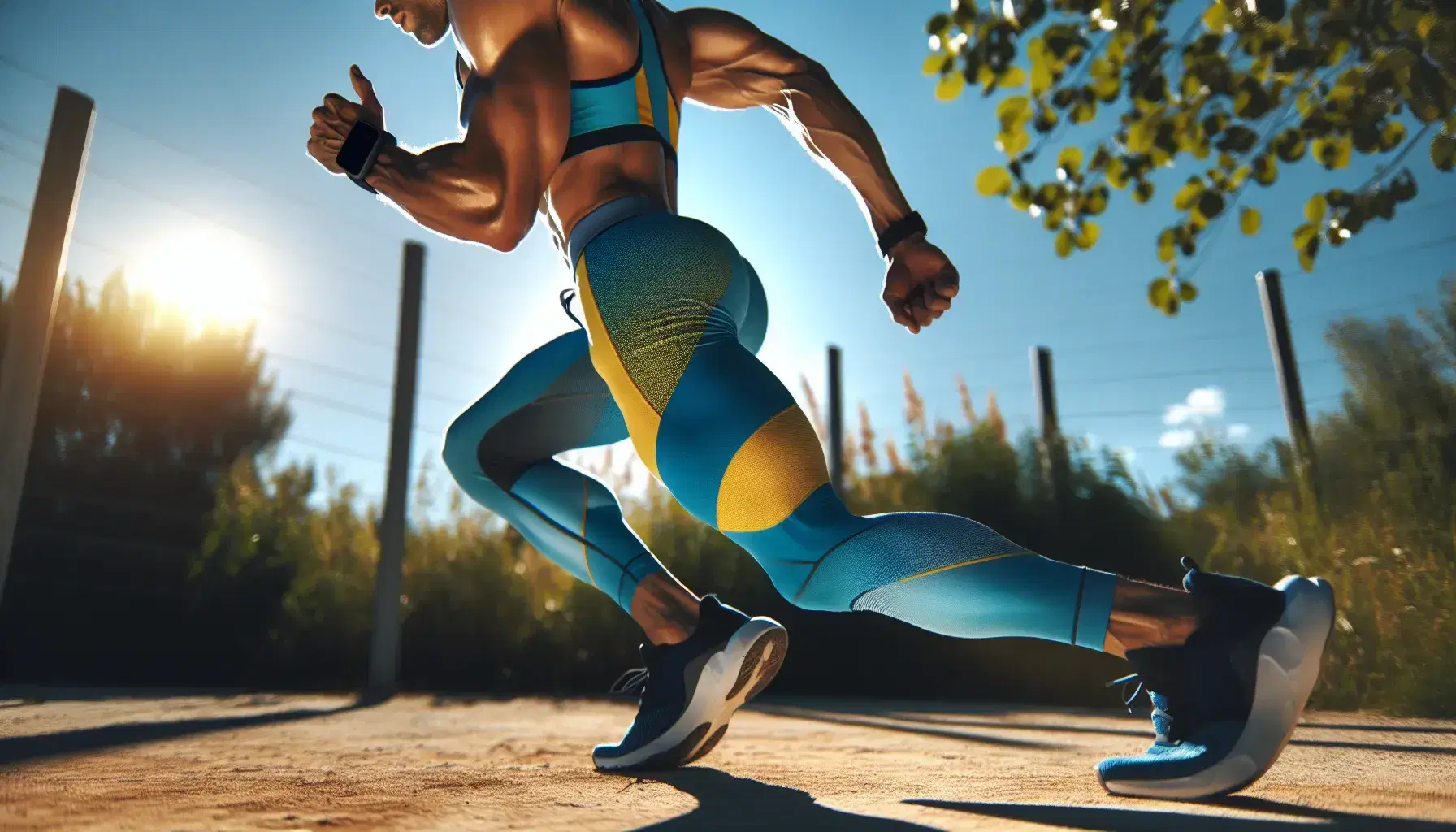 Mujer ejercitándose al aire libre en ropa deportiva azul y amarilla, corriendo en un camino de tierra con árboles verdes y cielo azul de fondo.