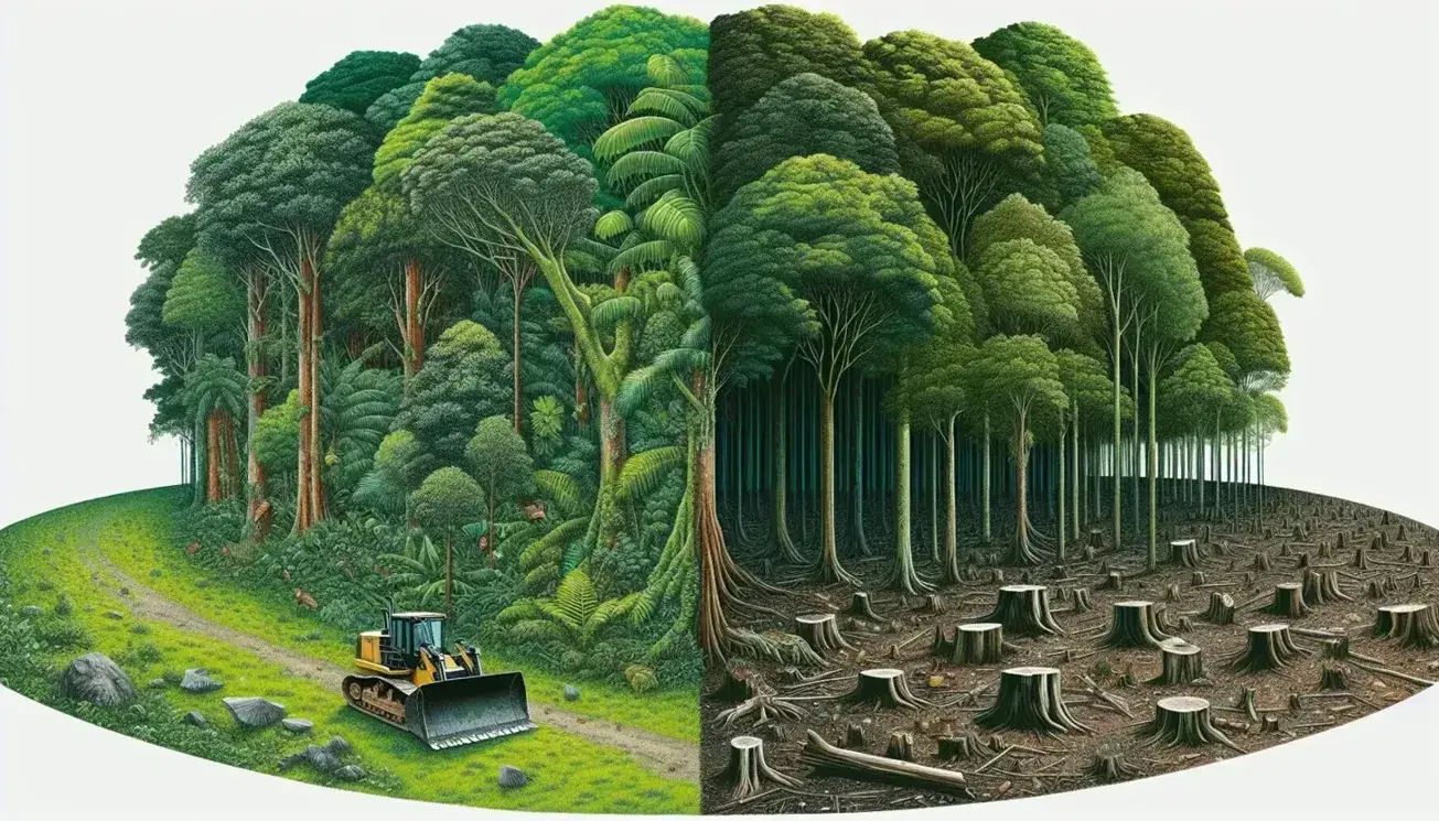 Lush forest on the left with tall trees and various shades of green, contrasts with bare ground and bulldozers on the right.