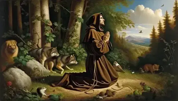 San Francesco d'Assisi in preghiera nella natura, circondato da animali e con sfondo di foresta e cielo azzurro.