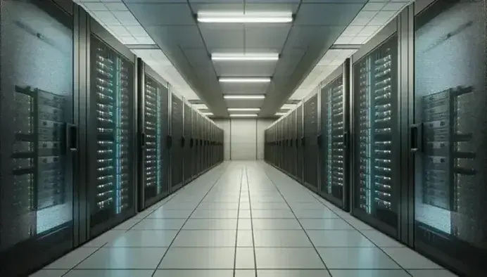 Sala de servidores en centro de datos con filas de gabinetes negros y luces LED azules y verdes, suelo gris y pared clara al fondo, iluminación fluorescente blanca.