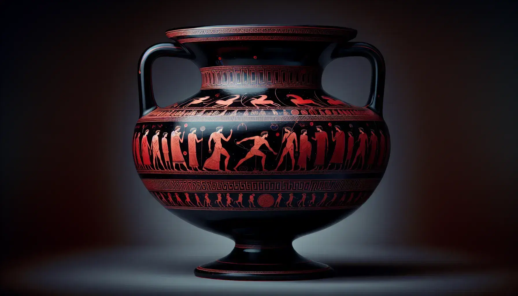 Kylix greco antico con figure rosse raffiguranti scene mitologiche o quotidiane, dettagli incisi e bordo decorato con motivi geometrici.