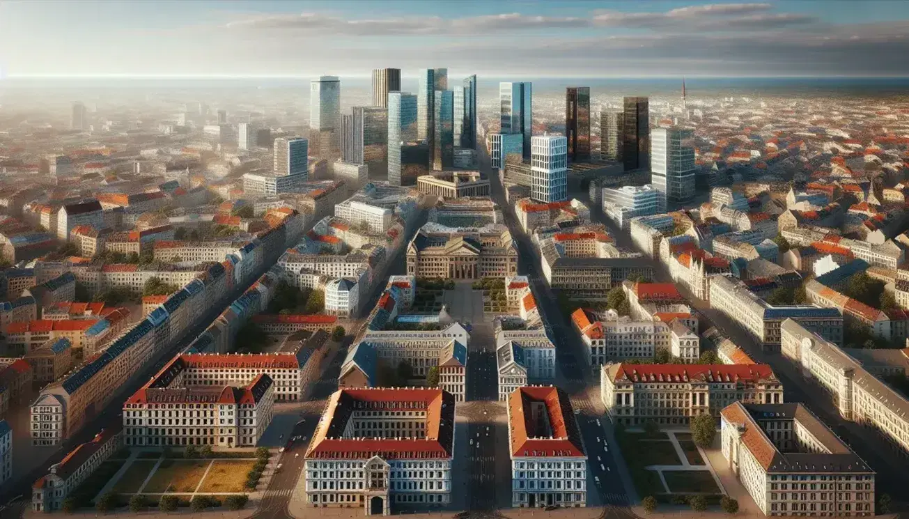 Vista aérea de ciudad contrastante con edificios históricos de techos rojizos y rascacielos modernos, calles arboladas y río serpenteante.