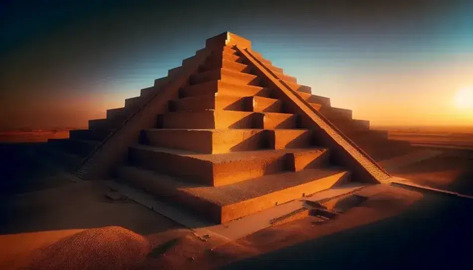 Ziggurat di Ur al tramonto con livelli sovrapposti in mattoni d'argilla e cielo sfumato da blu a arancione, senza persone o animali.