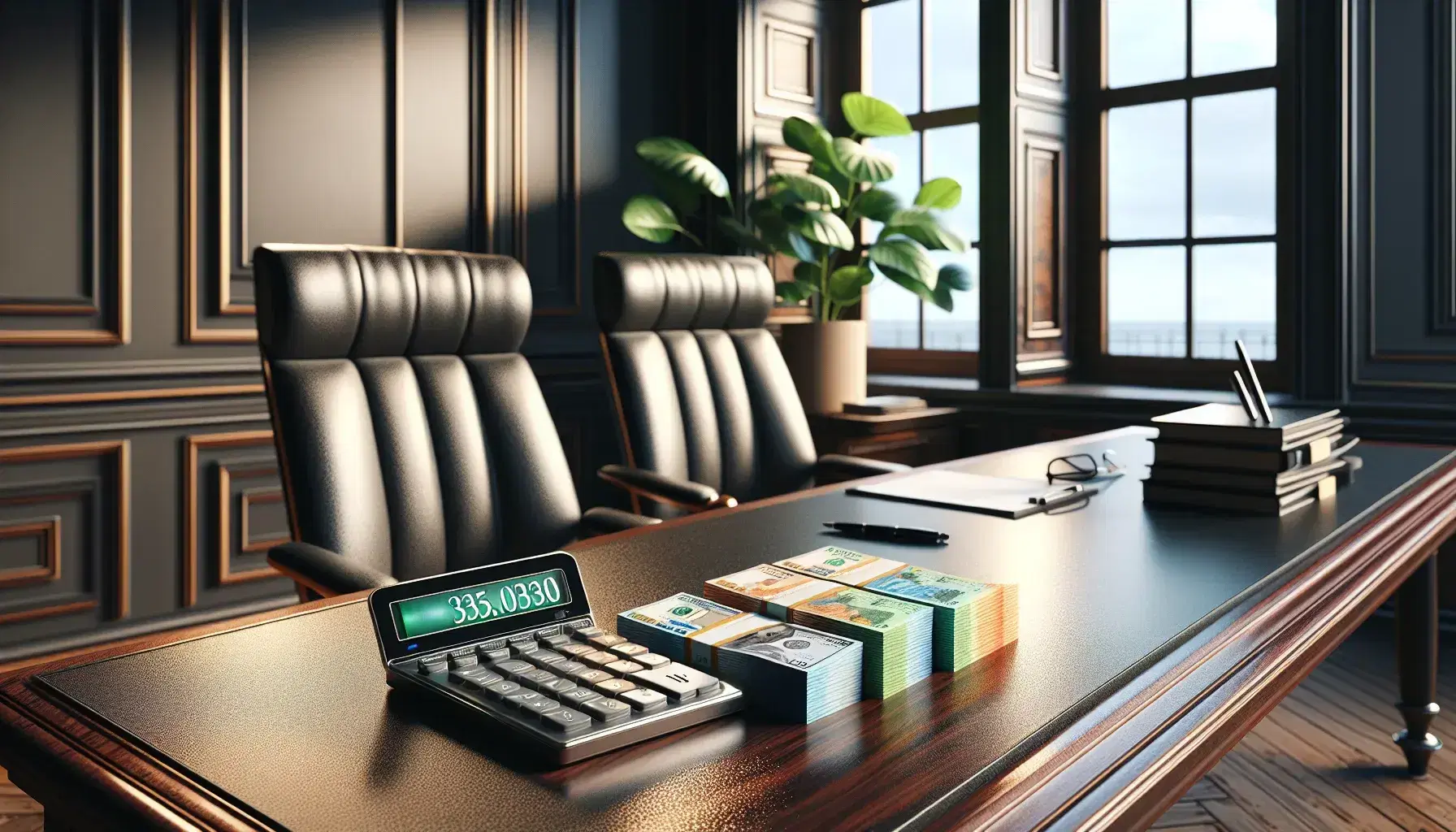 Escena de oficina bancaria con mesa de madera, calculadora, fajos de billetes y silla de cuero negro, junto a una planta interior y ventana con cielo azul.
