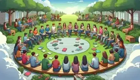 Studenti seduti in cerchio su panchine in un giardino esterno, discutono attivamente e ascoltano, circondati da alberi e cielo azzurro.