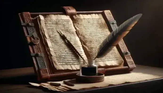 Manoscritto antico aperto con copertine in legno e pelle, pagine ingiallite e penna d'oca accanto a calamaio trasparente su scrivania scura.