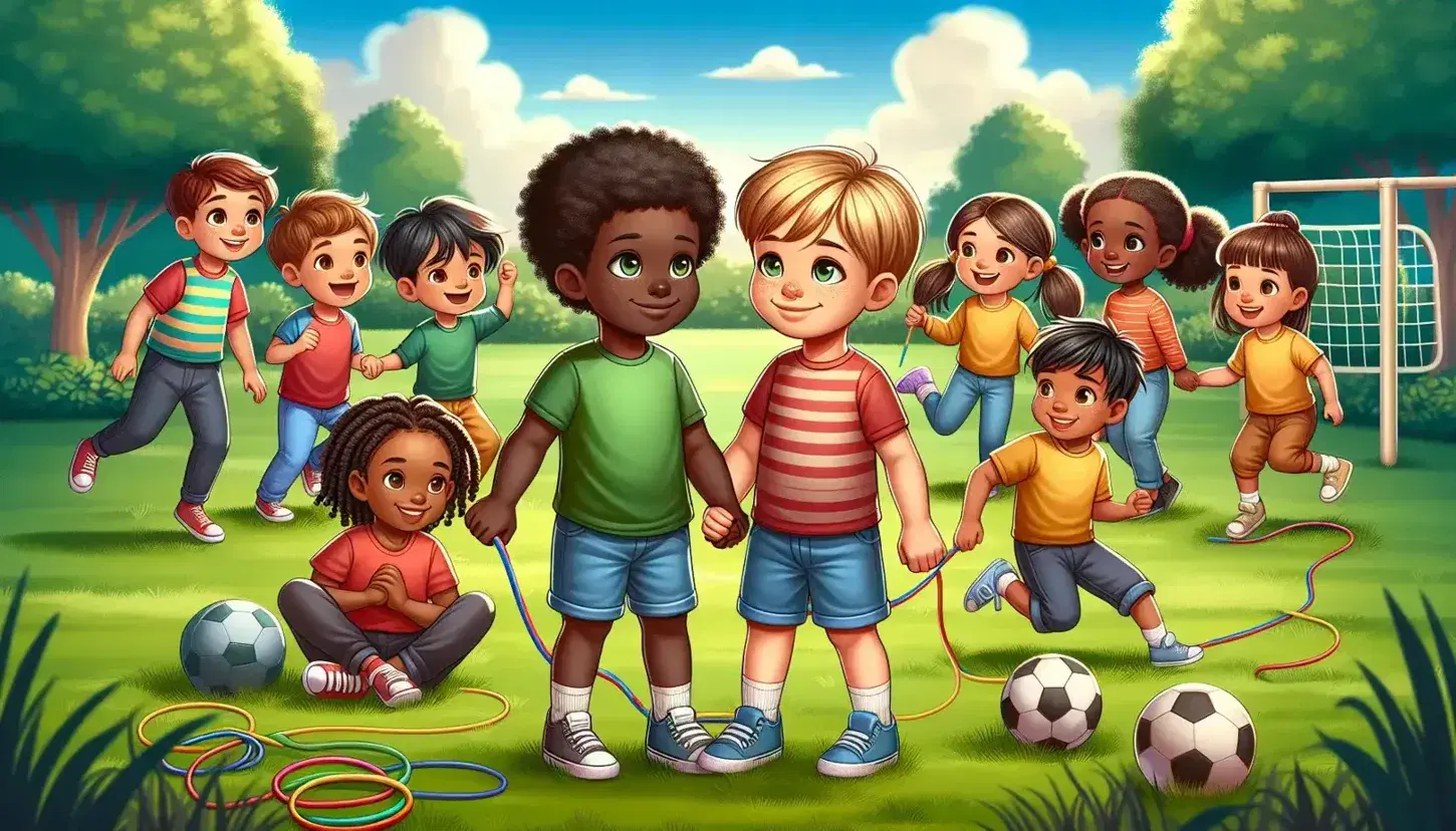 Bambini multietnici giocano insieme in un parco soleggiato con alberi verdi, calcio e salto della corda.