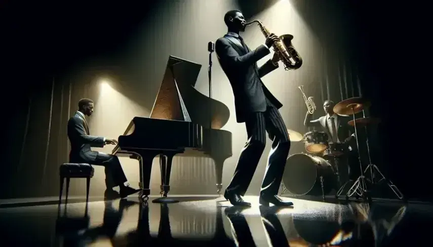 Quartetto jazz afroamericano in azione su palco illuminato, con sassofonista, trombettista, pianista e batterista immersi nella performance.