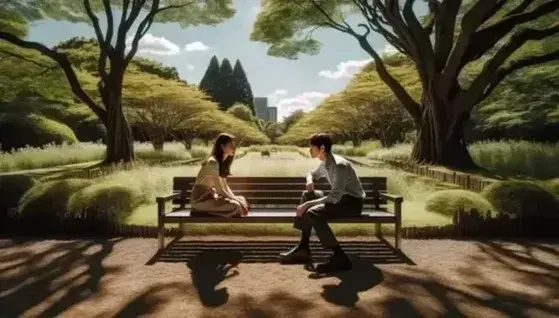 Dos jóvenes conversando sentados en un banco de madera en un parque soleado, rodeados de árboles verdes y flores, con un cielo azul al fondo.