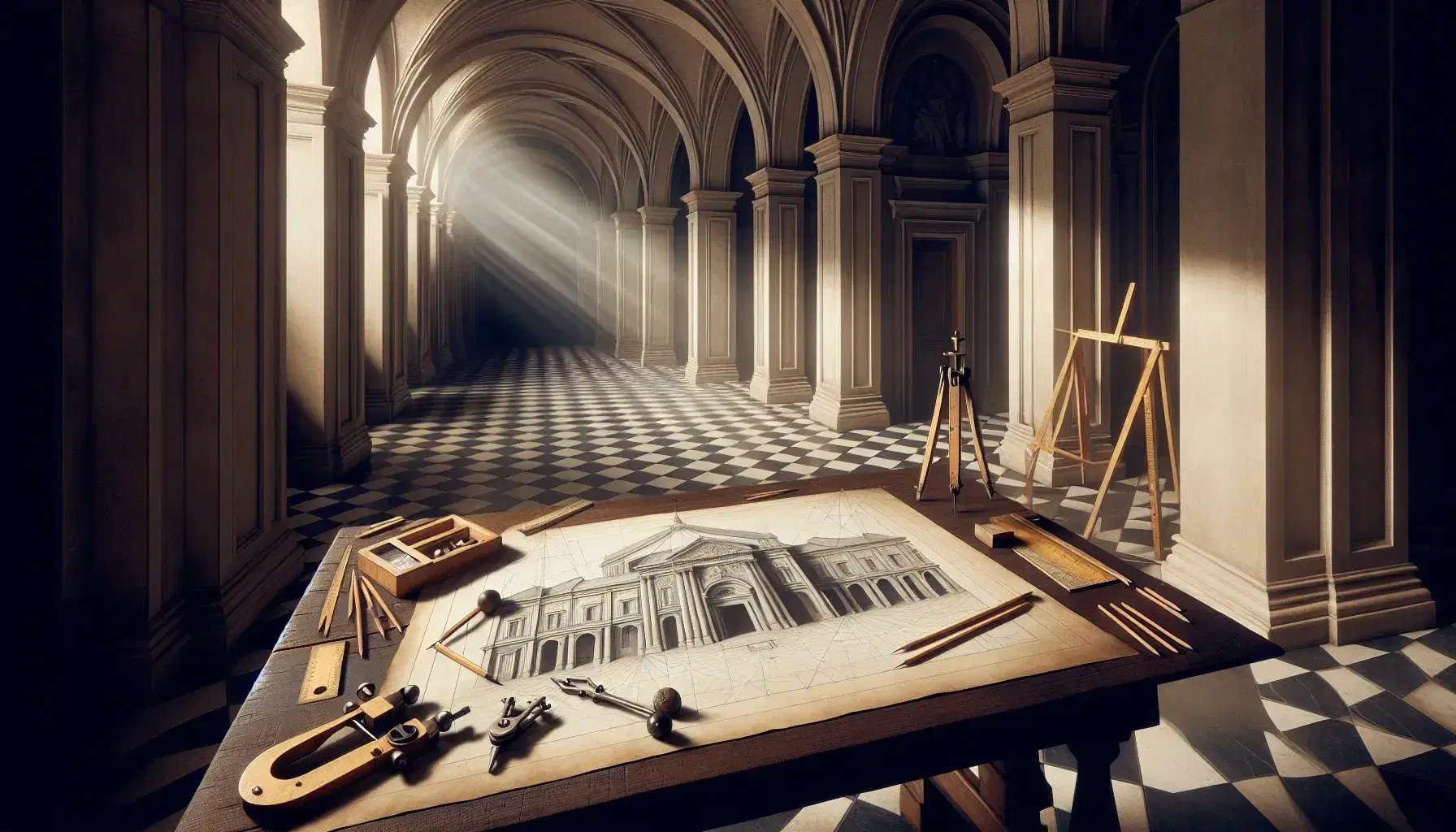 Studio rinascimentale con tavolo e strumenti di disegno, prospettiva architettonica su carta, cavalletto con tela e luce naturale da finestra ad arco.
