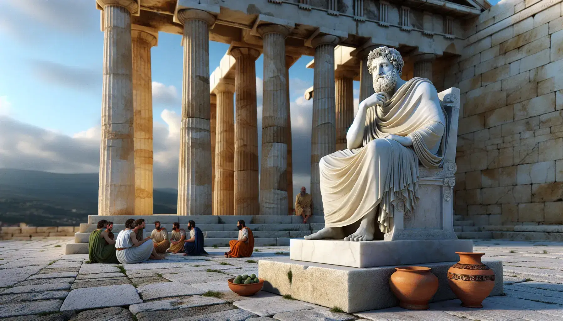 Statua marmorea di filosofo greco pensieroso su piedistallo in un'agora antica, con colonne doriche e gruppo di persone in ascolto.