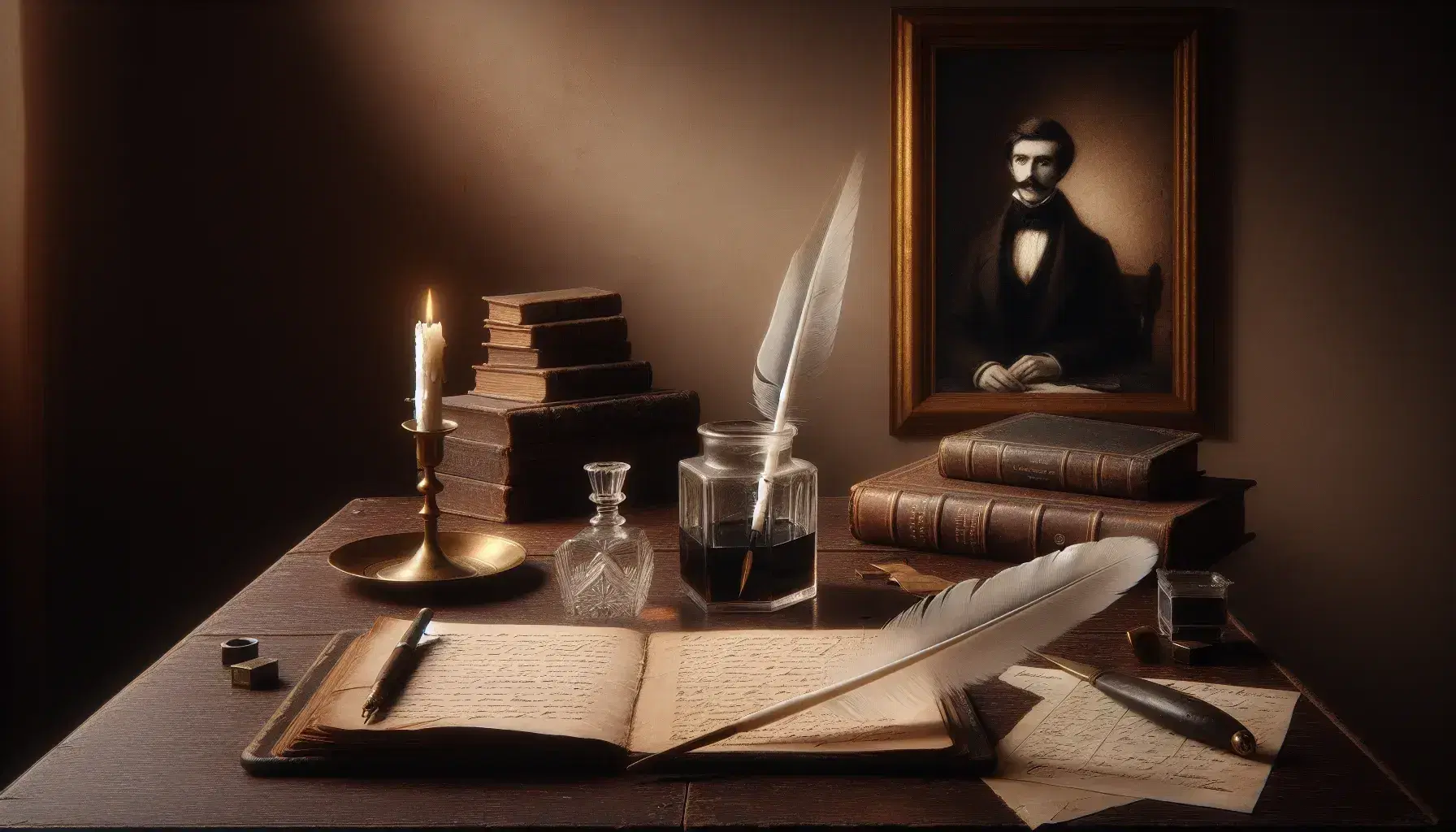 Scrivania in legno scuro con libro aperto, penna d'oca e calamaio, candela mezza consumata e ritratto d'epoca sfocato sullo sfondo.