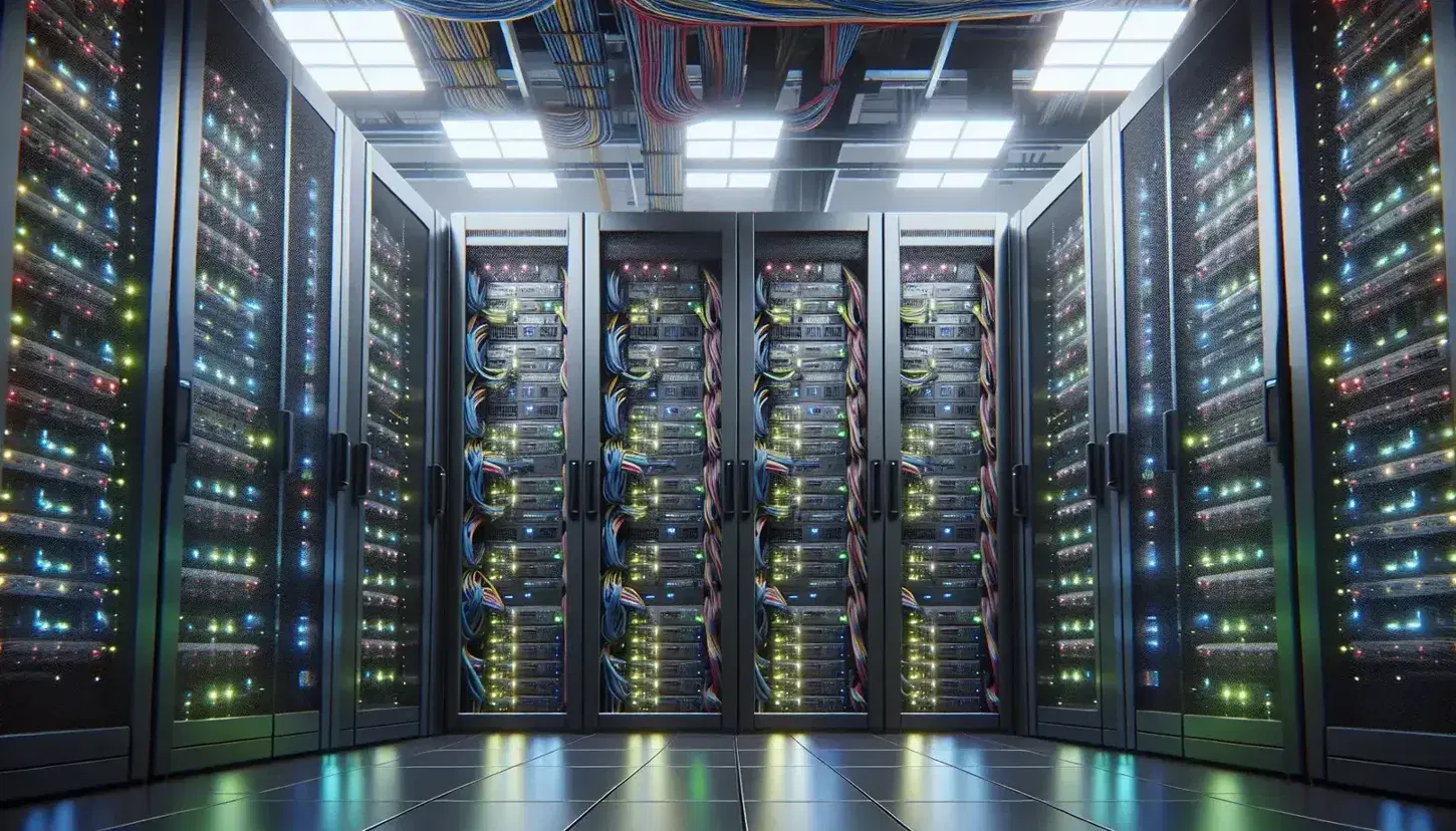 Data center with rows of server racks and LED lights, organized colored cables and raised floor for cooling and cabling.