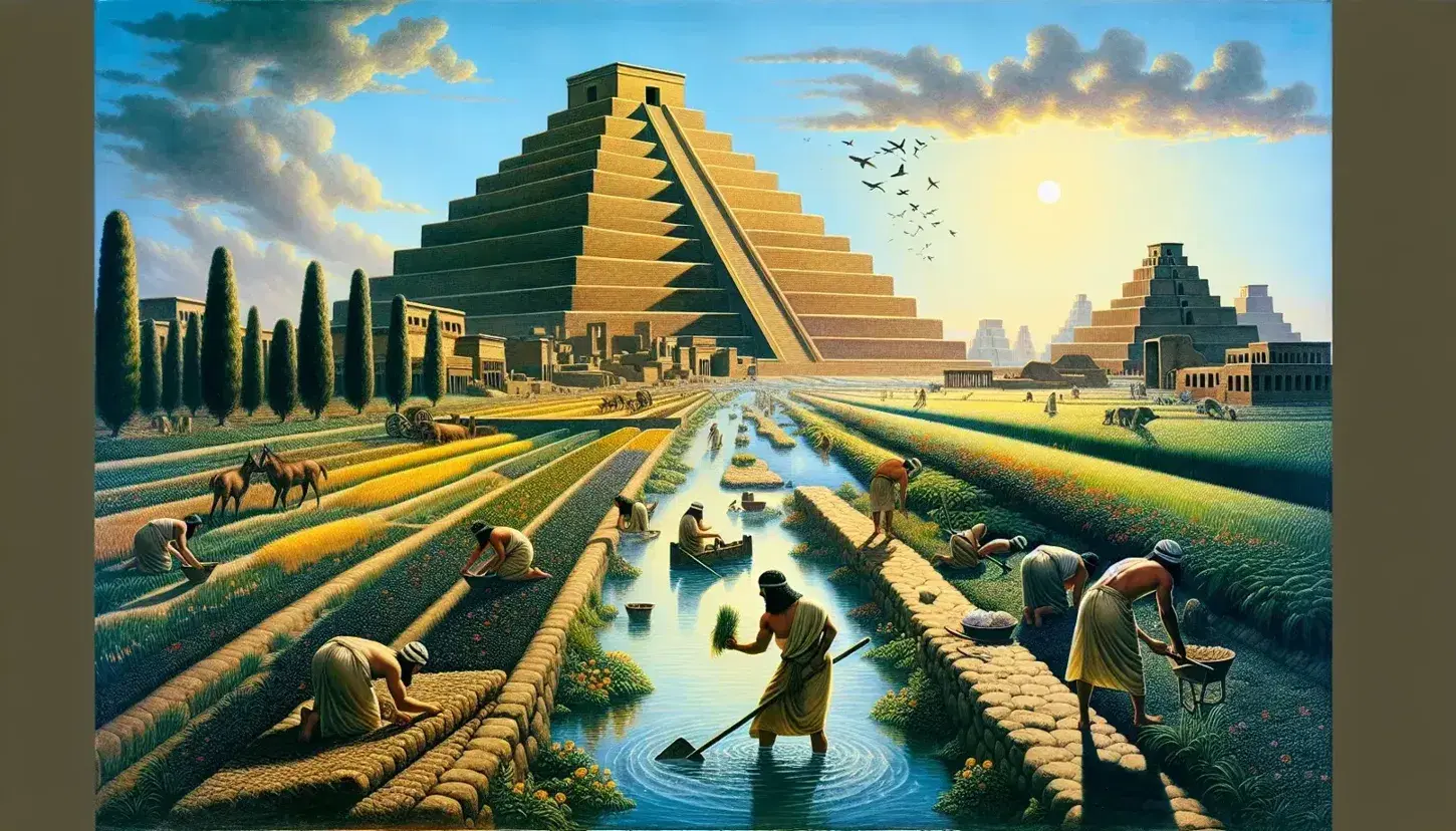 Scena antica mesopotamica con ziggurat centrale, contadini al lavoro in campi fertili e canale d'irrigazione, sotto un cielo azzurro.