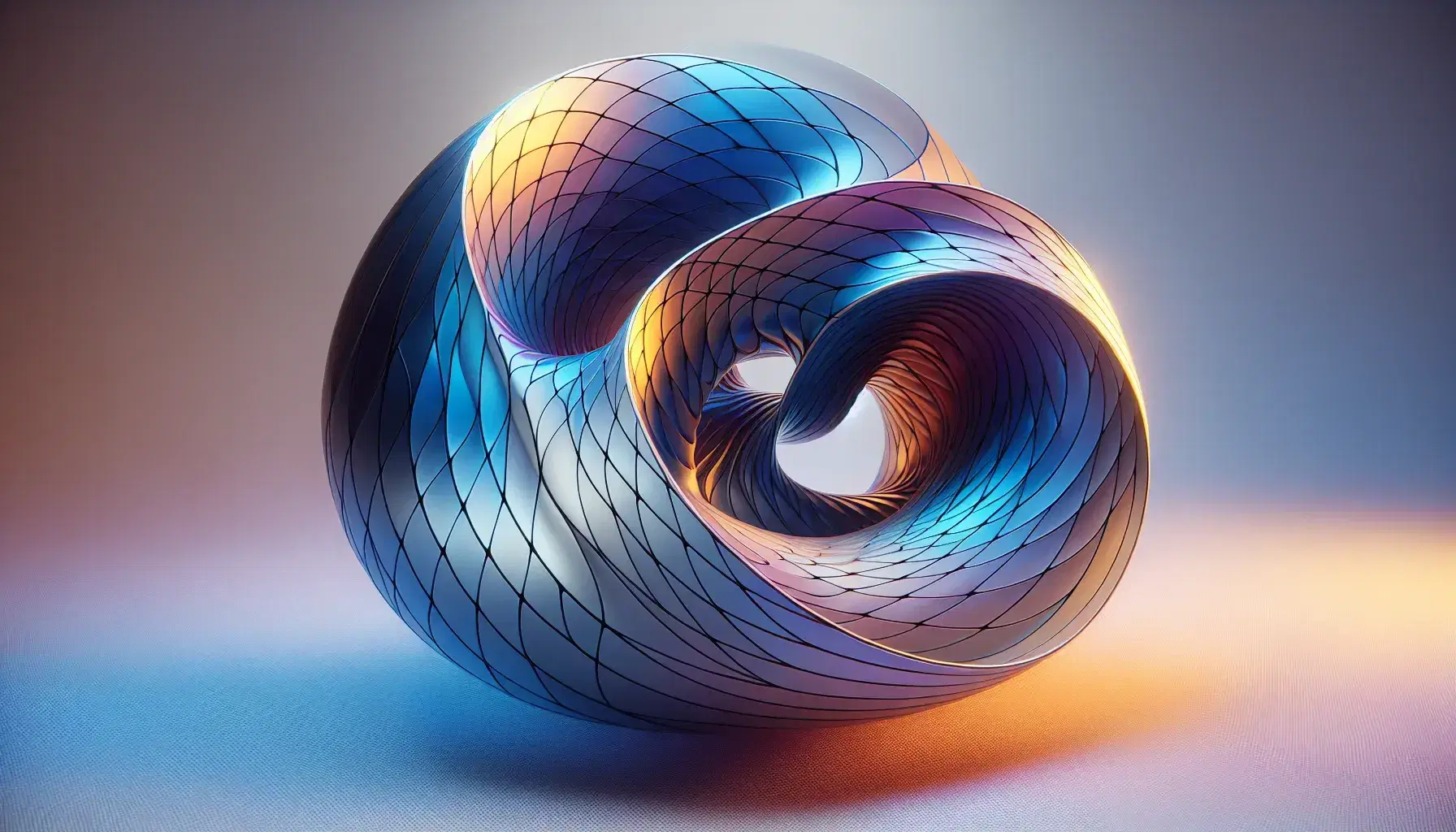 Translucent Riemann surface model with smooth, intersecting curves, color-graded from deep blues to vibrant oranges, highlighting complex topology.