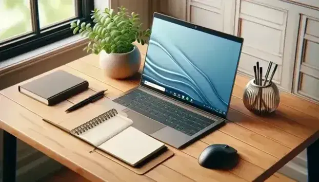 Mesa de madera clara con portátil abierto de fondo azul, ratón inalámbrico negro, planta en maceta blanca y cuaderno espiral con bolígrafo transparente.