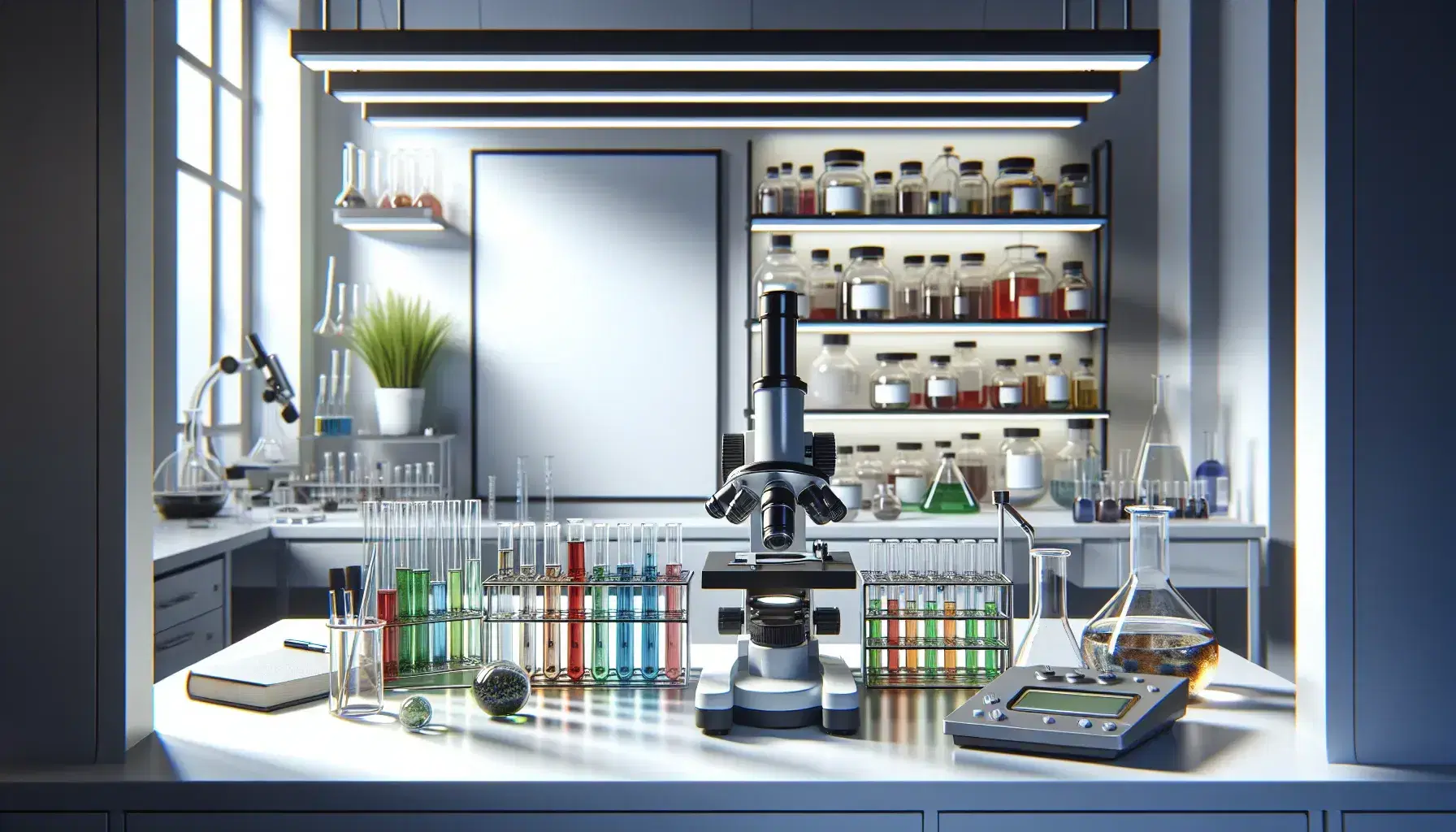 Laboratorio de investigación con mesa de trabajo, tubos de ensayo de colores en soporte metálico, microscopio moderno, balanza digital y científico anotando resultados.