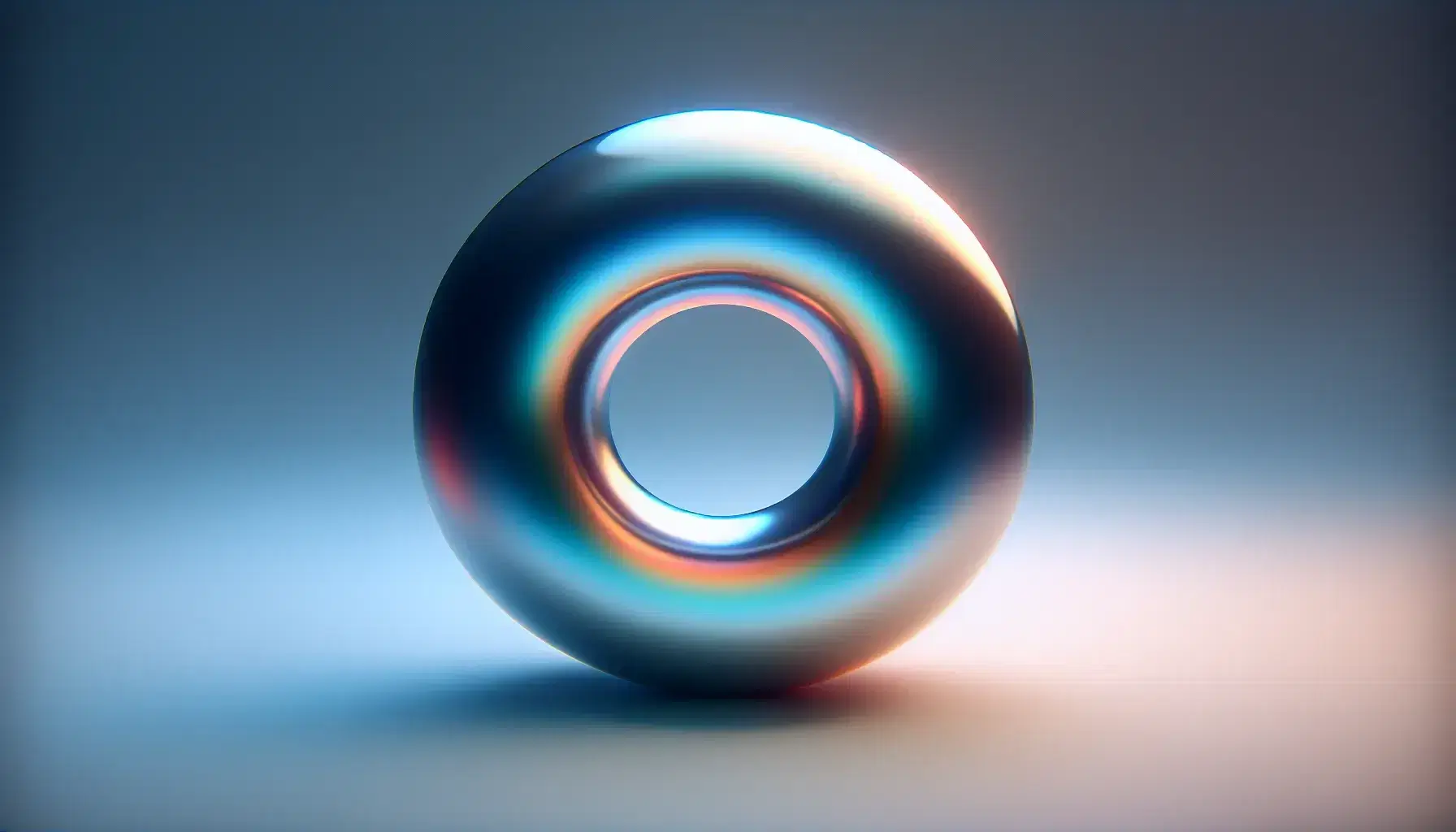 Reflective glossy torus with gradient colors on a blue gradient background, showcasing light reflections and a soft shadow beneath.