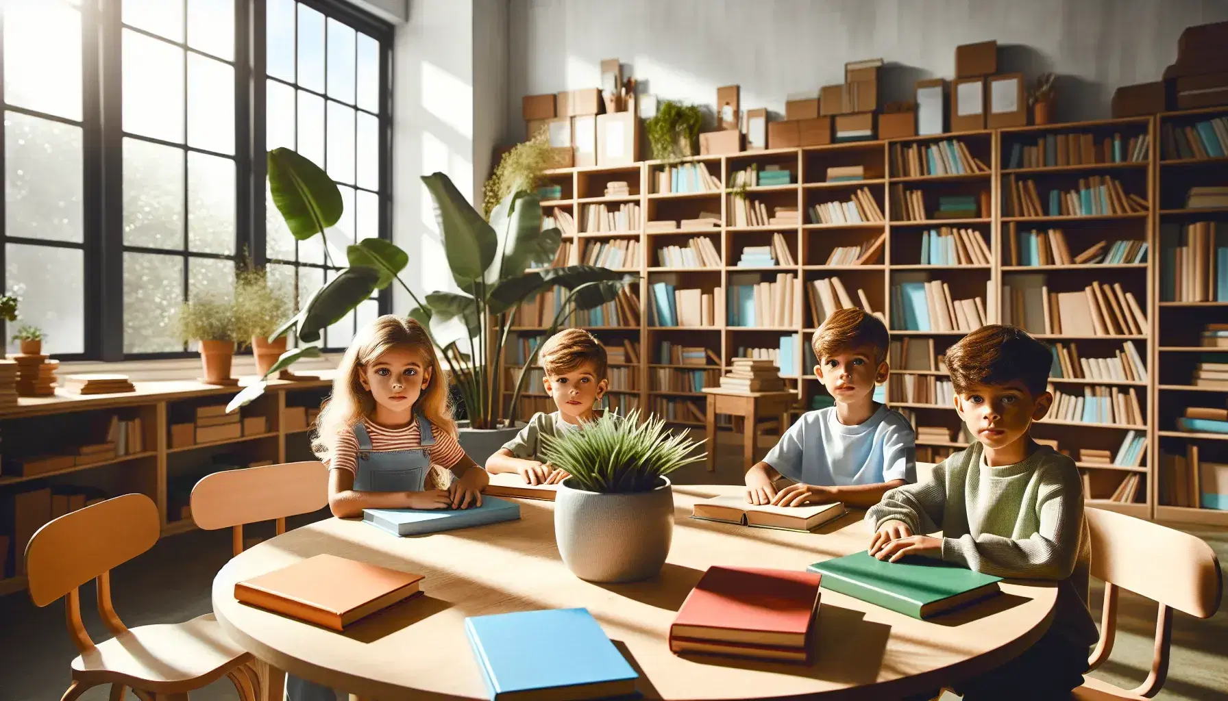 Niños de diversas etnias concentrados leyendo libros coloridos en una aula escolar iluminada con estantería de libros y pizarra al fondo.