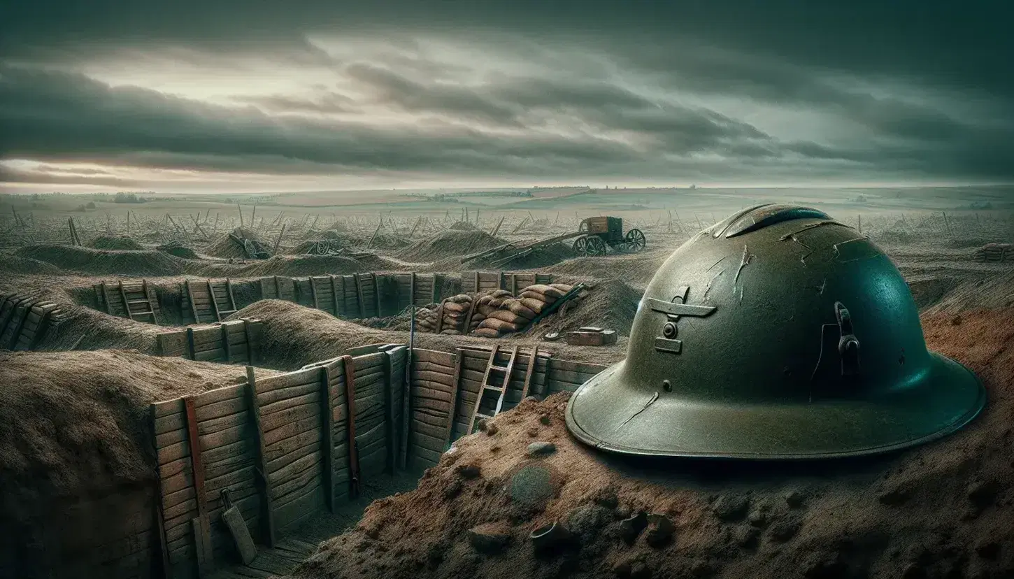 Casco militar de la Primera Guerra Mundial con abolladuras y desgaste en un paisaje desolado de batalla, con trincheras y terreno craterizado bajo un cielo nublado.
