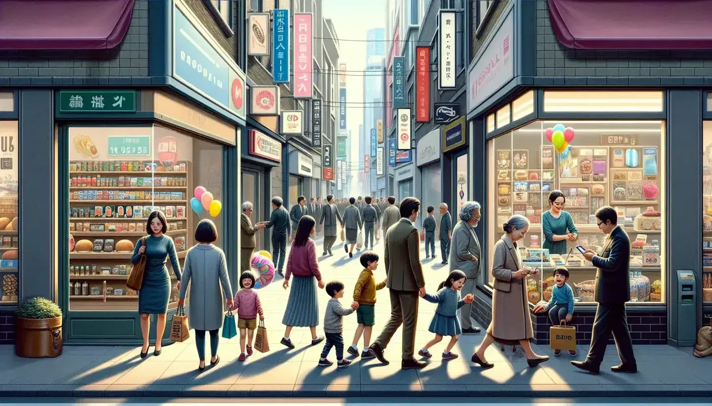Famiglia con due bambini, uno con palloncino, passeggia in strada cittadina affollata con negozi, persone e uomo che guarda vetrina.
