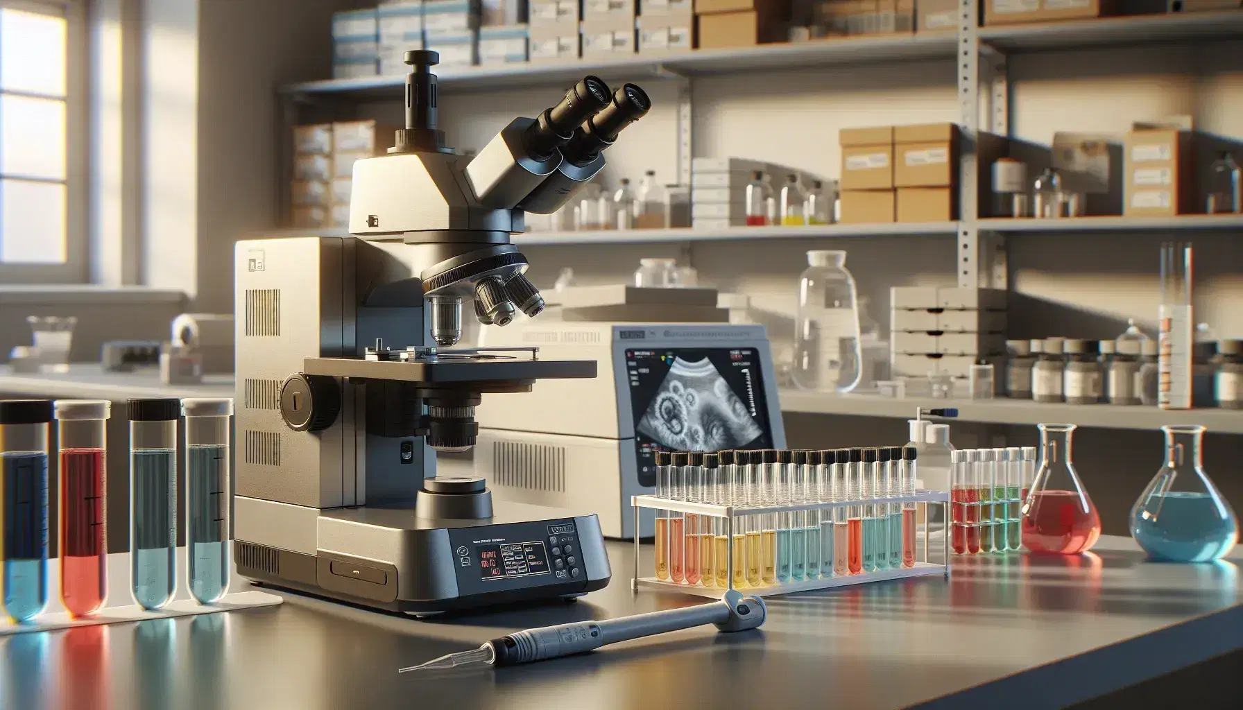 Microscopio electrónico en laboratorio de biología molecular con tubos de ensayo de colores en soporte y pipeta automática al lado, en un entorno profesional.