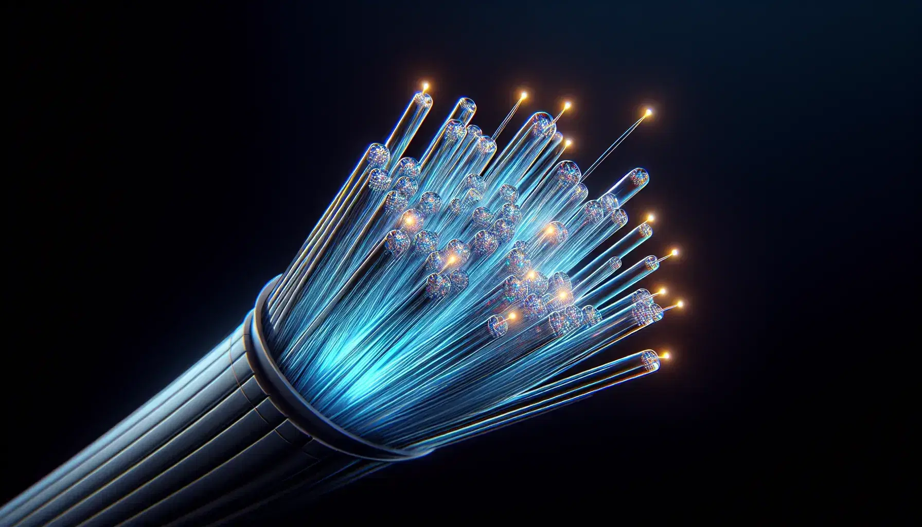 Close-up view of illuminated optical fibers fanned out against a dark background, showcasing vibrant colors and light propagation through glass strands.