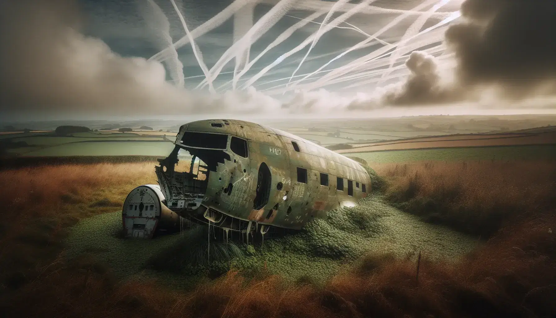 Cielo nuvoloso con scie di condensazione sopra un paesaggio campestre con colline verdi e frammento di fusoliera militare della Seconda Guerra Mondiale.