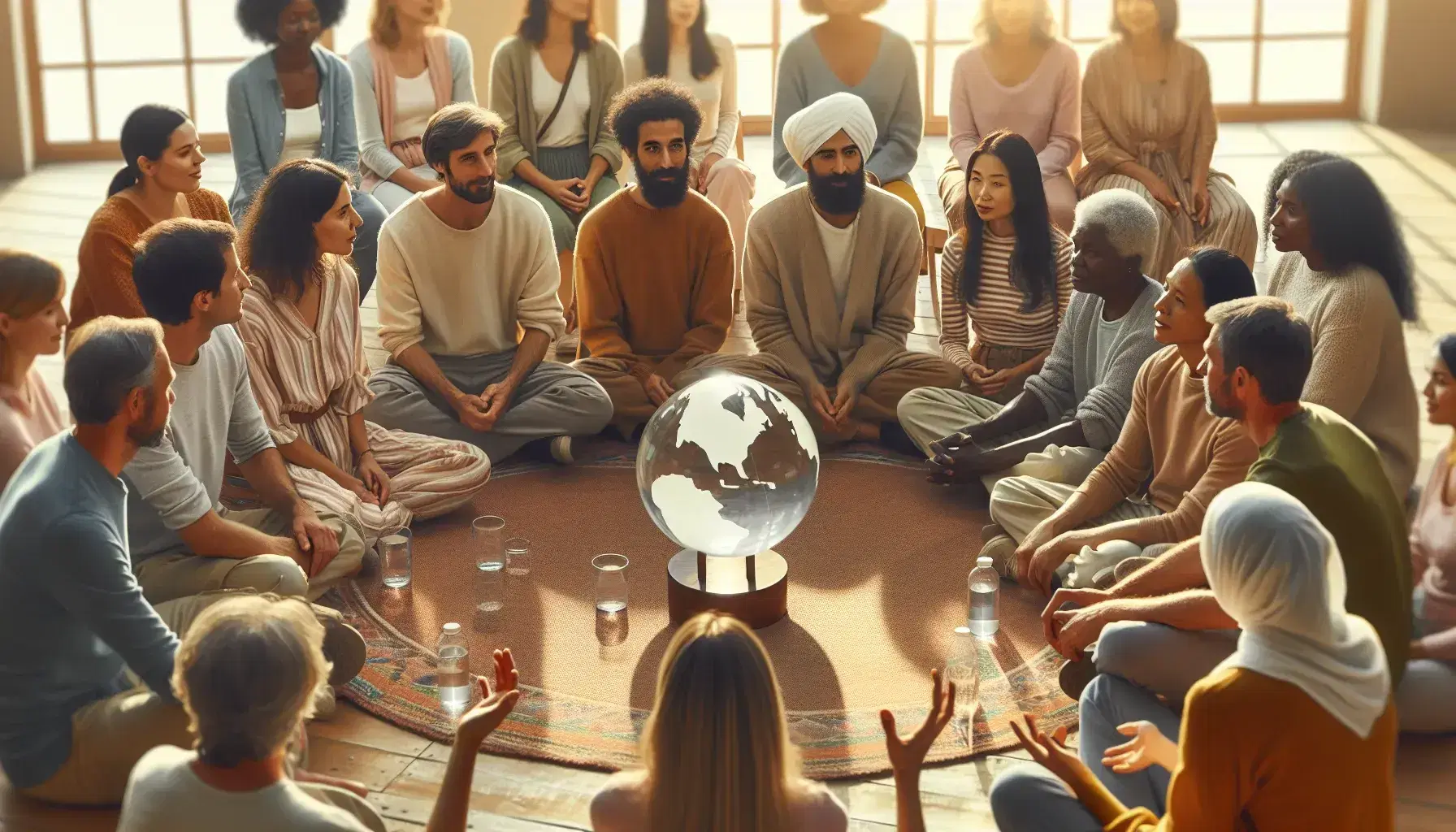 Multi-ethnic group of various ages discussing around a glass globe, a symbol of cultural exchange, in a bright environment.