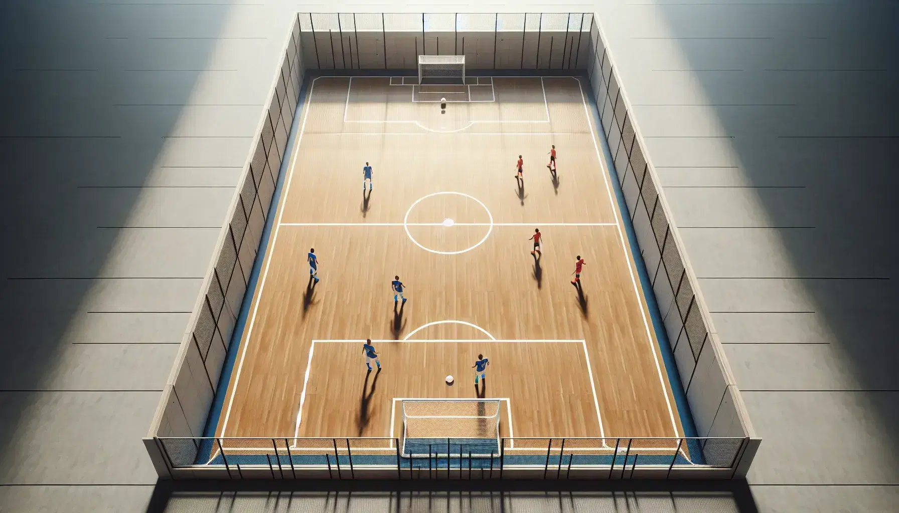 Campo de fútbol sala interior con superficie de madera clara, líneas blancas demarcatorias, dos porterías y cuatro jugadores en acción, dos con uniformes azules y dos con rojos, bajo iluminación artificial.