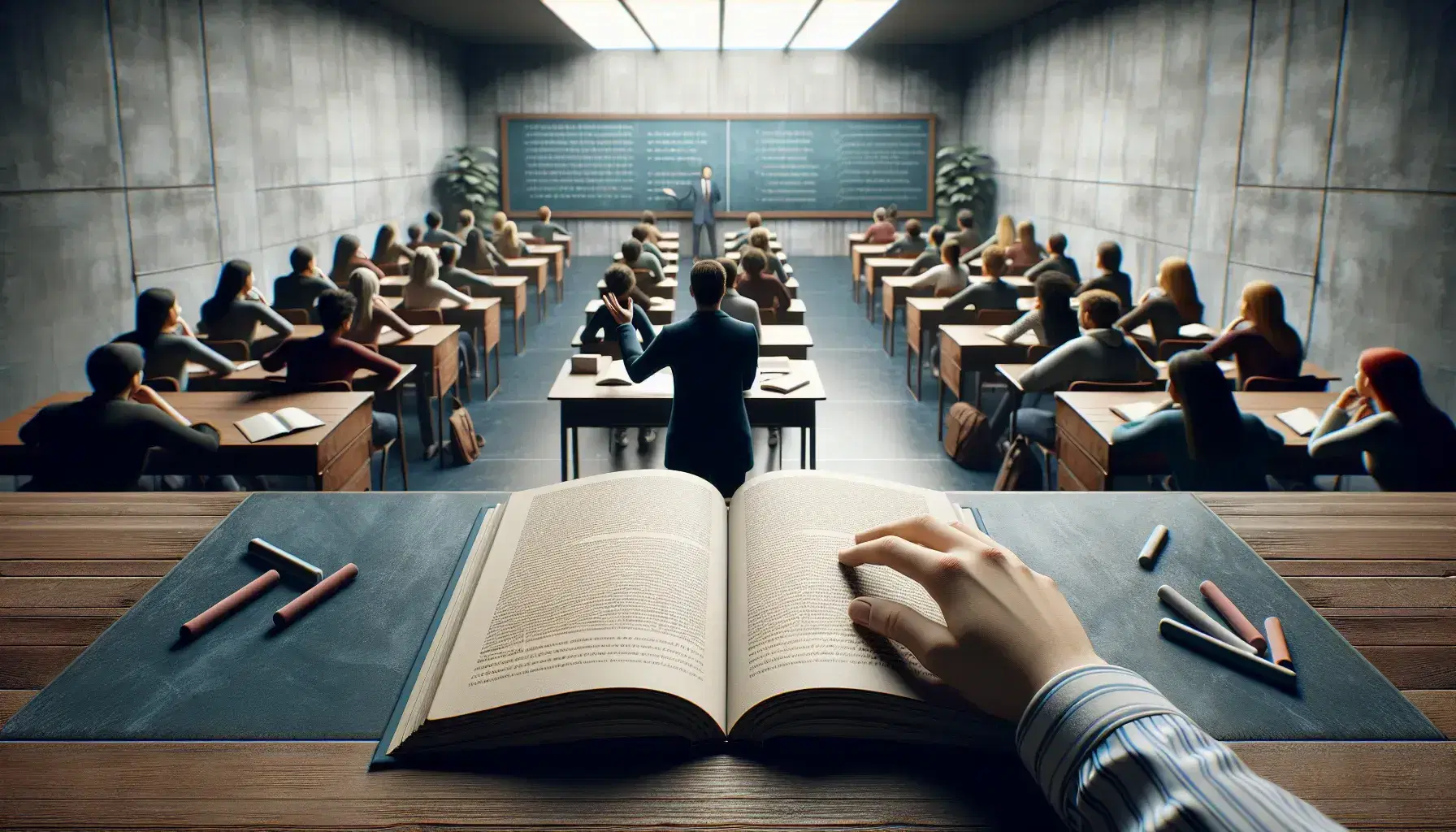 Diverse students in a classroom with open books, attentive to a teacher gesturing beside an empty chalkboard, in a well-lit, warm environment.