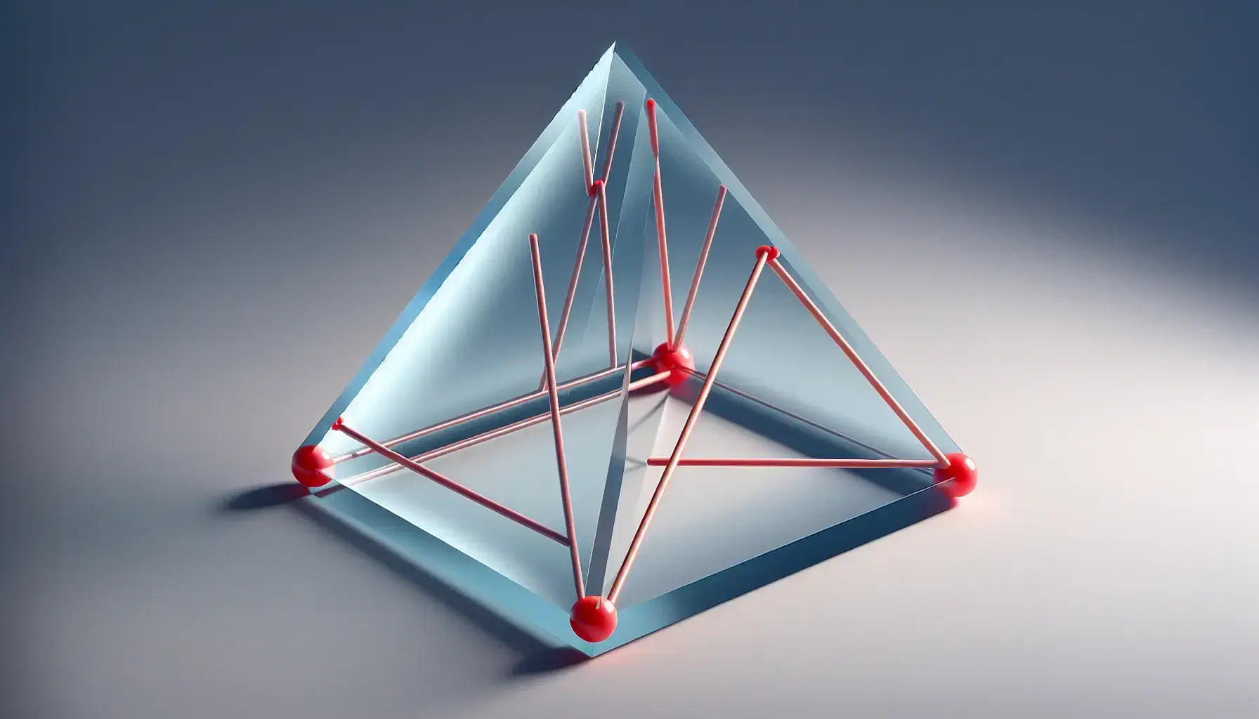 Equilateral triangle model with red medians converging at centroid on white surface, against a gray background, highlighting geometric principles.