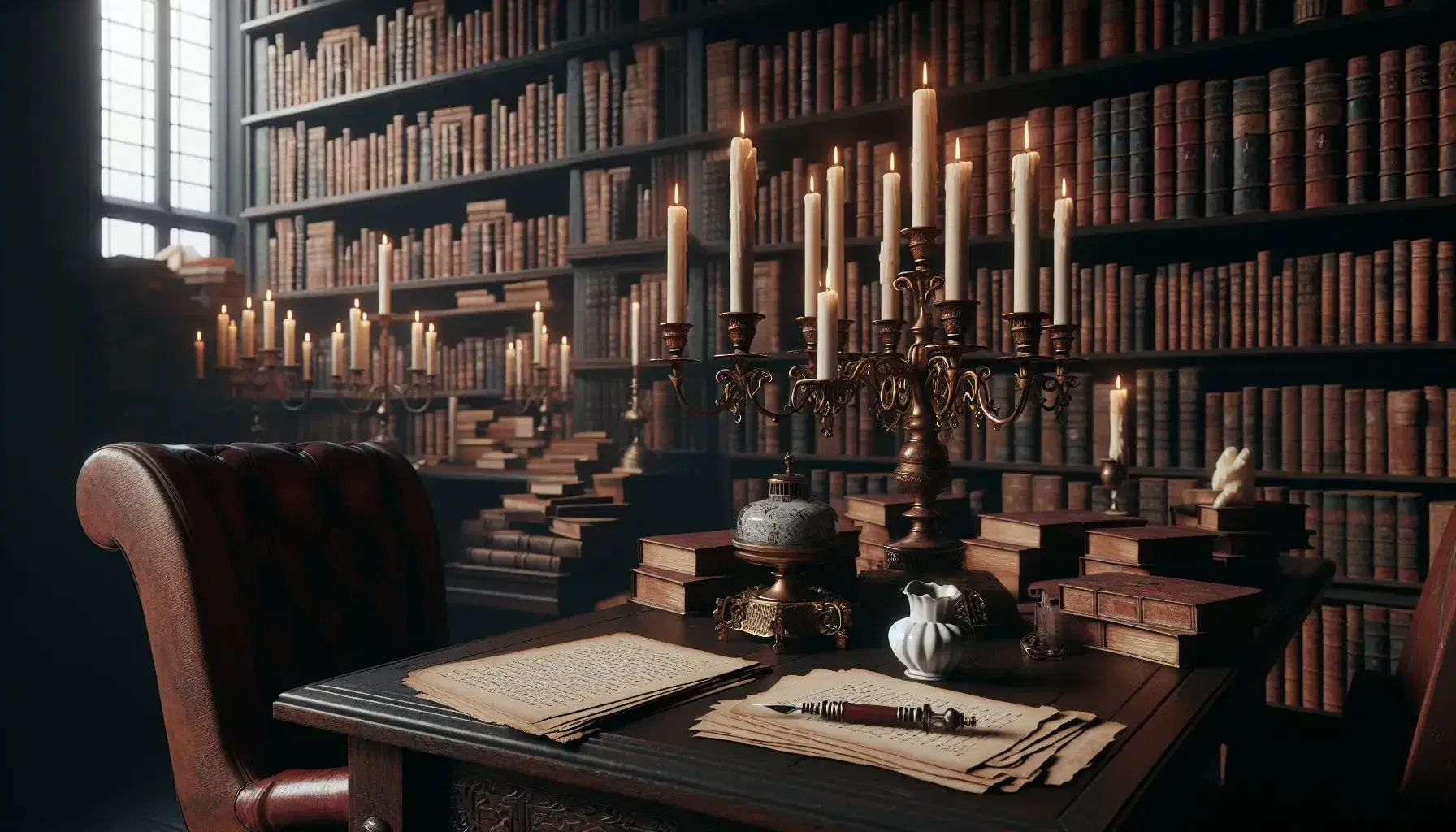 Biblioteca antigua con estanterías de madera oscura llenas de libros, mesa central con candelabro de bronce y sillas con cojines de terciopelo rojo, tintero de porcelana y papeles en primer plano.
