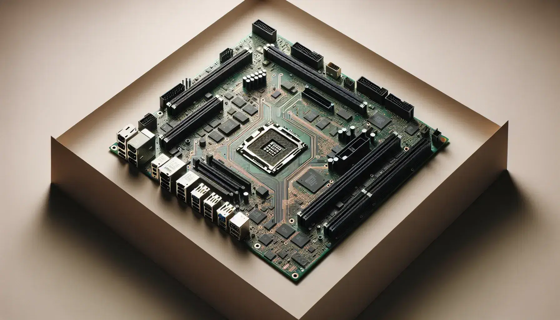 Scheda madre computer con chip CPU centrale, slot RAM vuoti e circuiti integrati su superficie neutra, senza componenti aggiuntivi.
