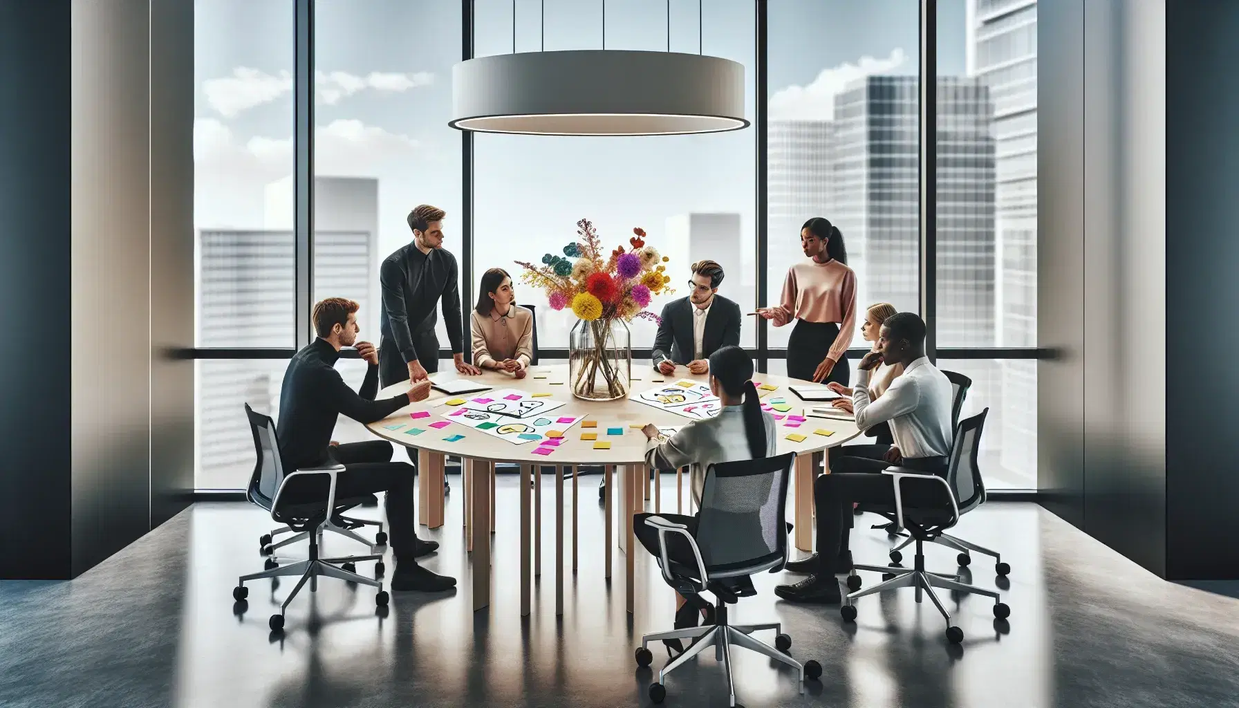Group of six diverse people gathered around a circular table in modern office, with colorful post-it notes and fresh flowers in the center.