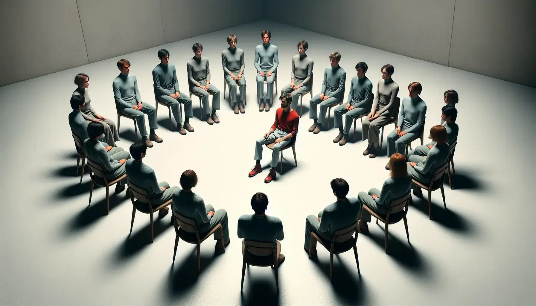 Group of people sitting in a semicircle wearing gray and blue clothes, a central individual in a red shirt stands out for his relaxed attitude.