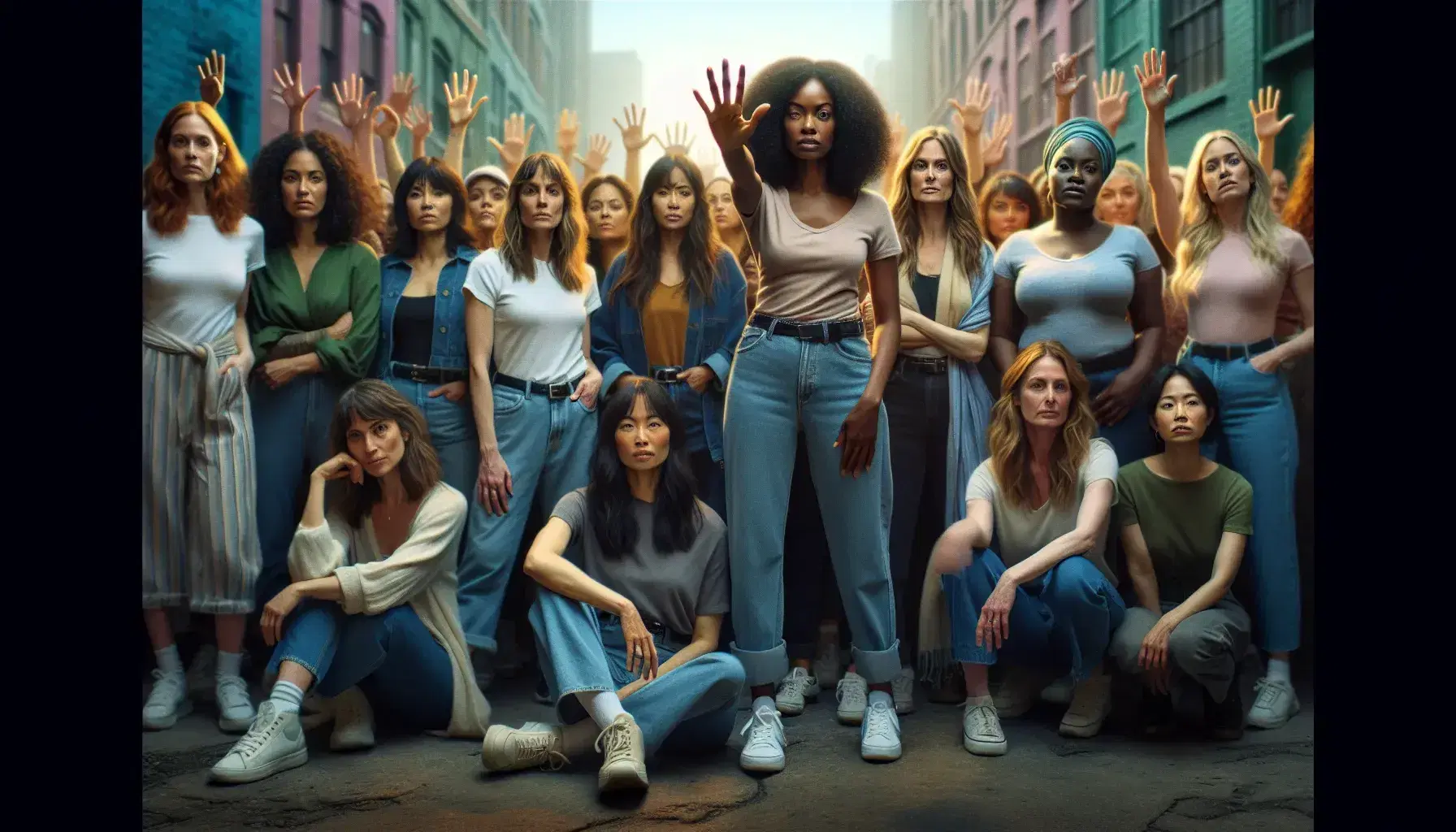 Diverse group of women standing together in solidarity, one with hand raised, wearing casual attire against a blurred urban backdrop, exuding confidence.