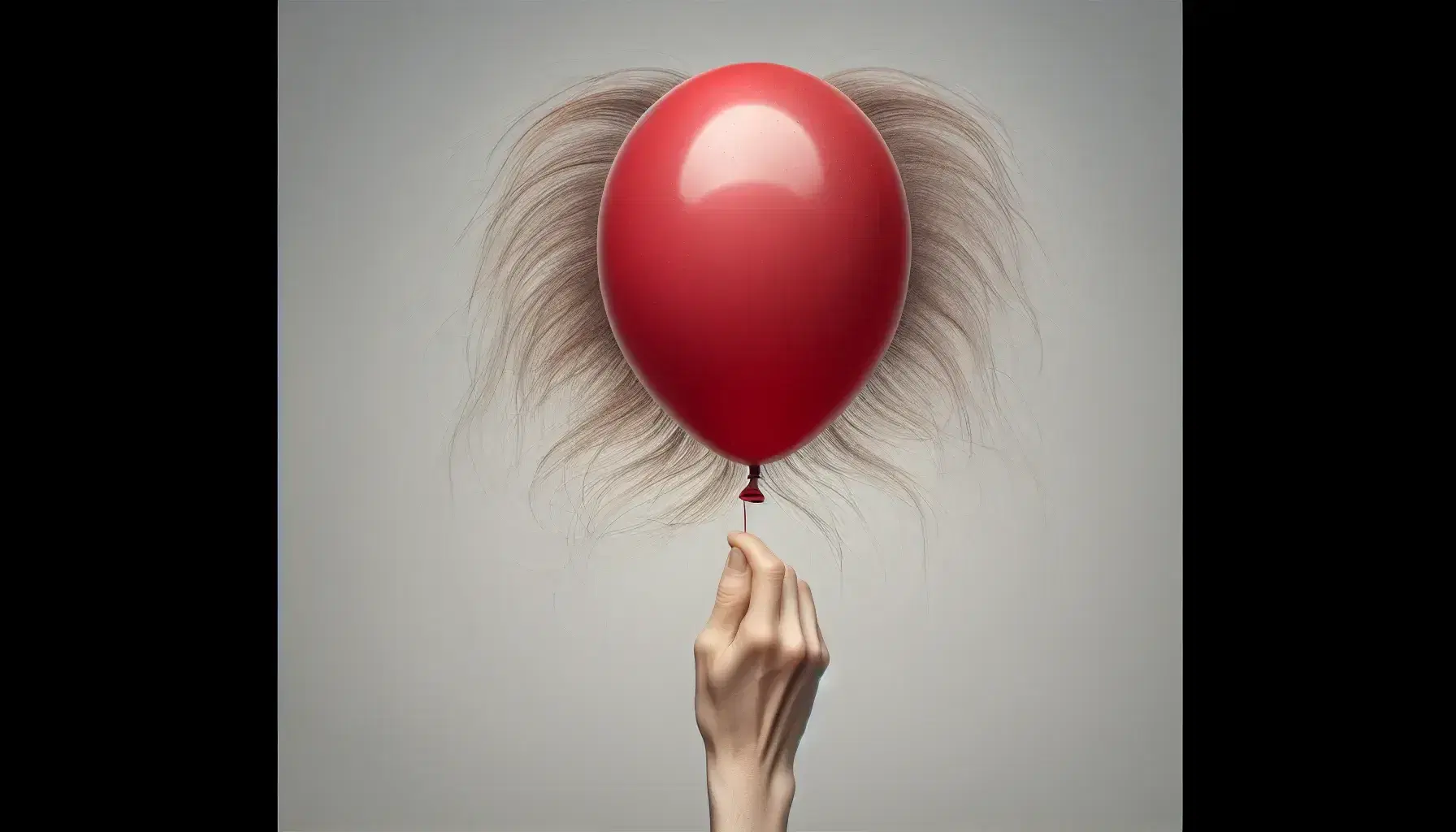 Mano che tiene un palloncino rosso con ciuffo di capelli attirati staticamente, su sfondo grigio neutro.
