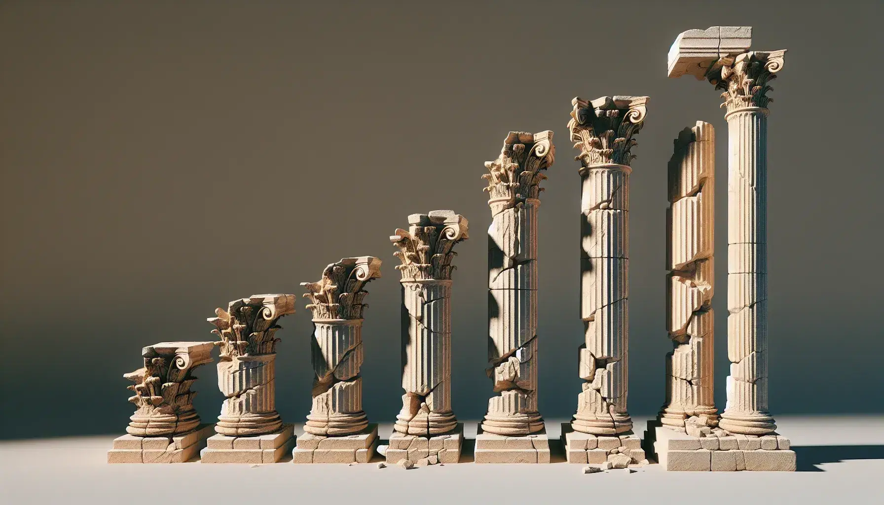 Ancient stone columns in varying decay stages, from intact to a crumbling stump, under a clear sky, symbolizing the passage of time.