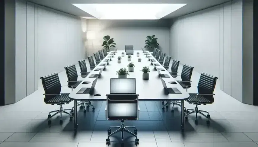 Modern conference room with oval white table, black swivel chairs, and multiple laptops set up for an online focus group, accented by a corner potted plant.