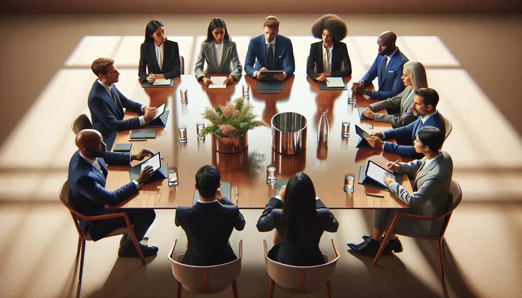Diverse group of professionals in suits at a wooden conference table with tablets, notepads, and a central vase with plants, engaged in discussion.