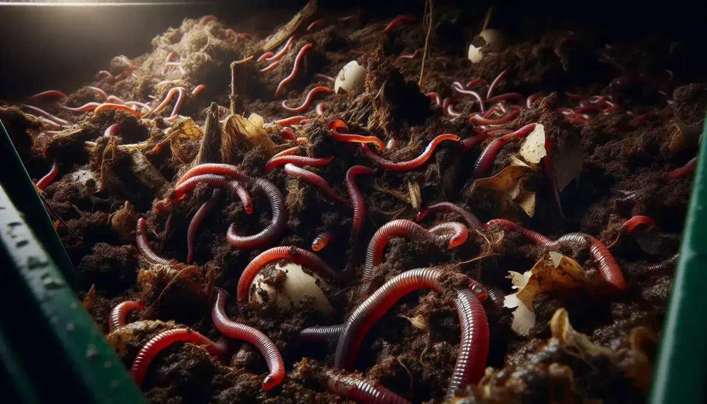 Lombrices rojas californianas (Eisenia fetida) entrelazadas en sustrato húmedo de compost con restos orgánicos, iluminación suave resalta texturas.