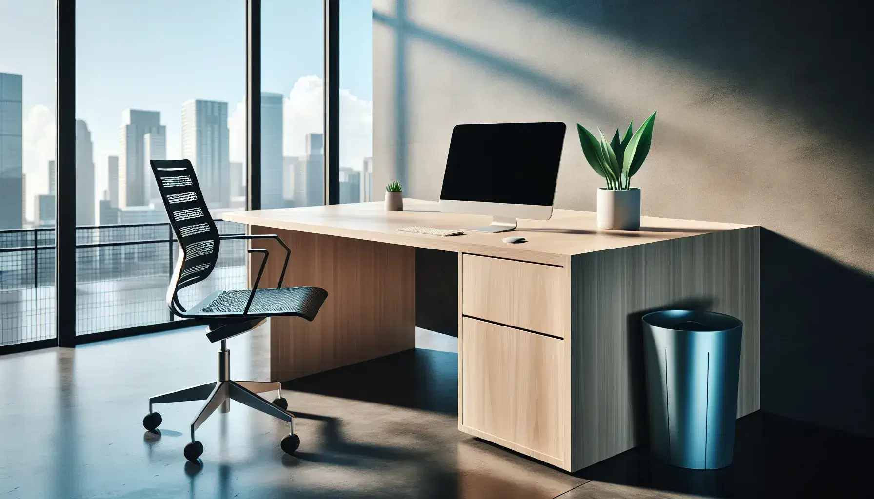 Oficina moderna y minimalista con escritorio de madera, portátil apagado, silla ergonómica y planta verde, junto a ventana con vista urbana.